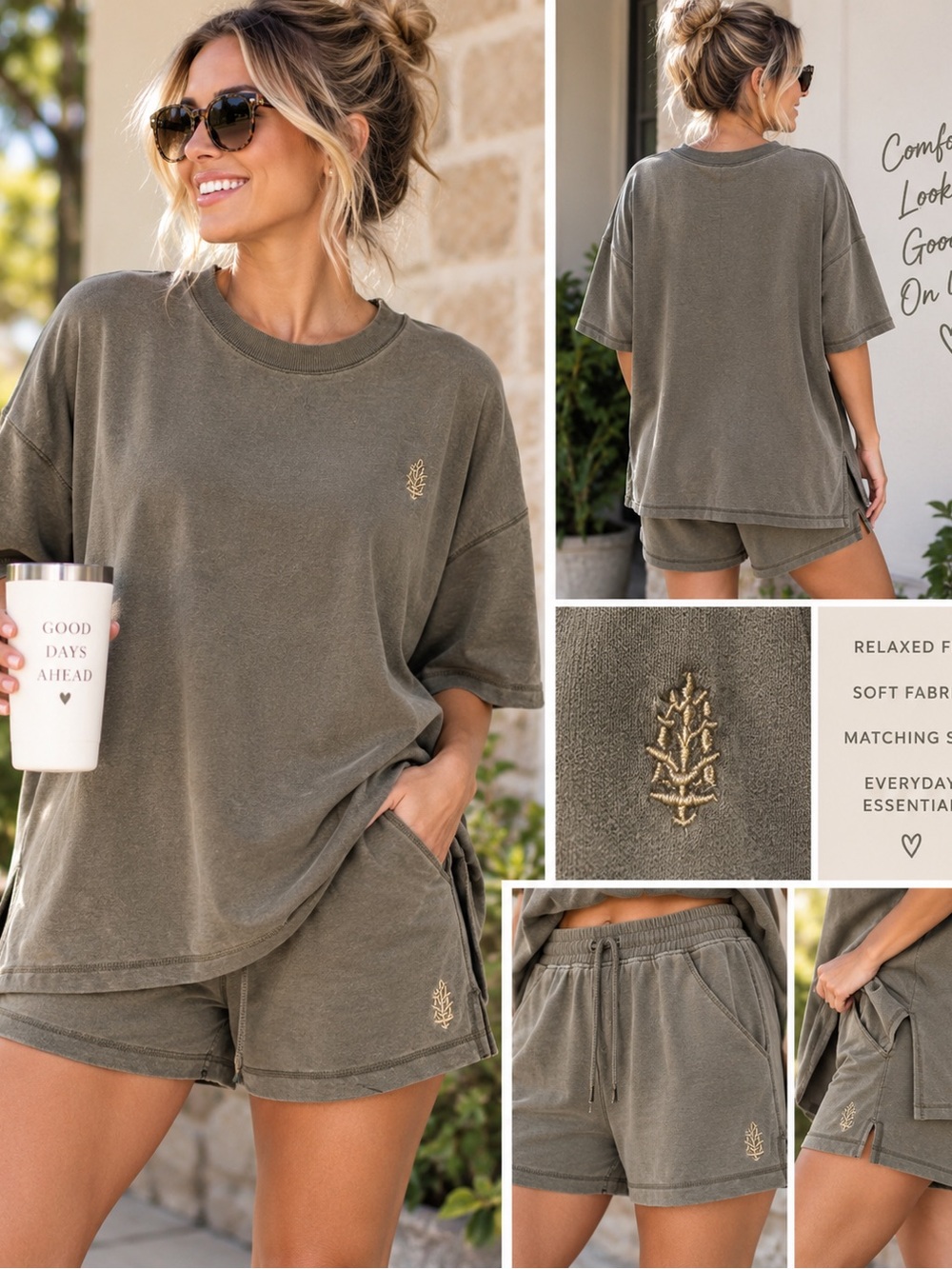 Free People Movement Olive Green Set - Relaxed Crewneck Tunic & Shorts